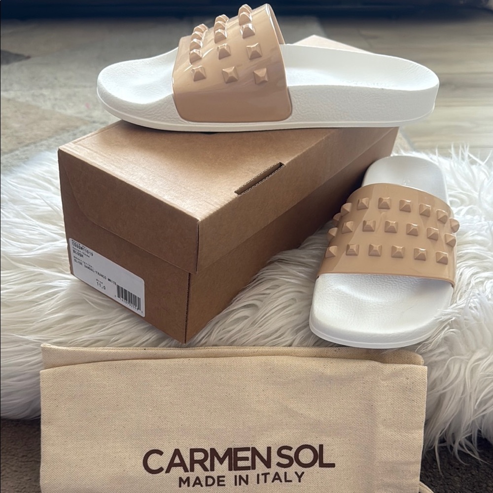 Carmen Sol Studded Slides in White and Tan